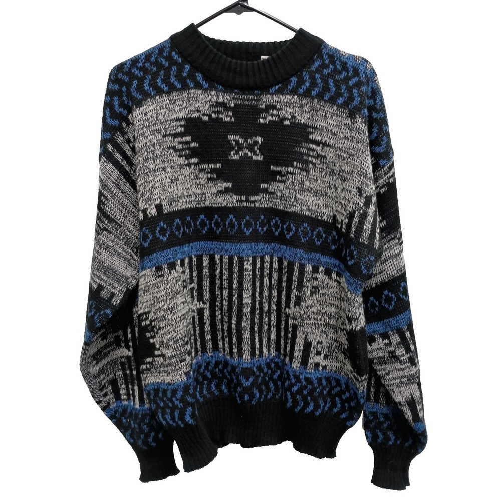 VTG 80s Sostanza Fashion Police Sweater Mens XL Blue Black Abstract Pullover
